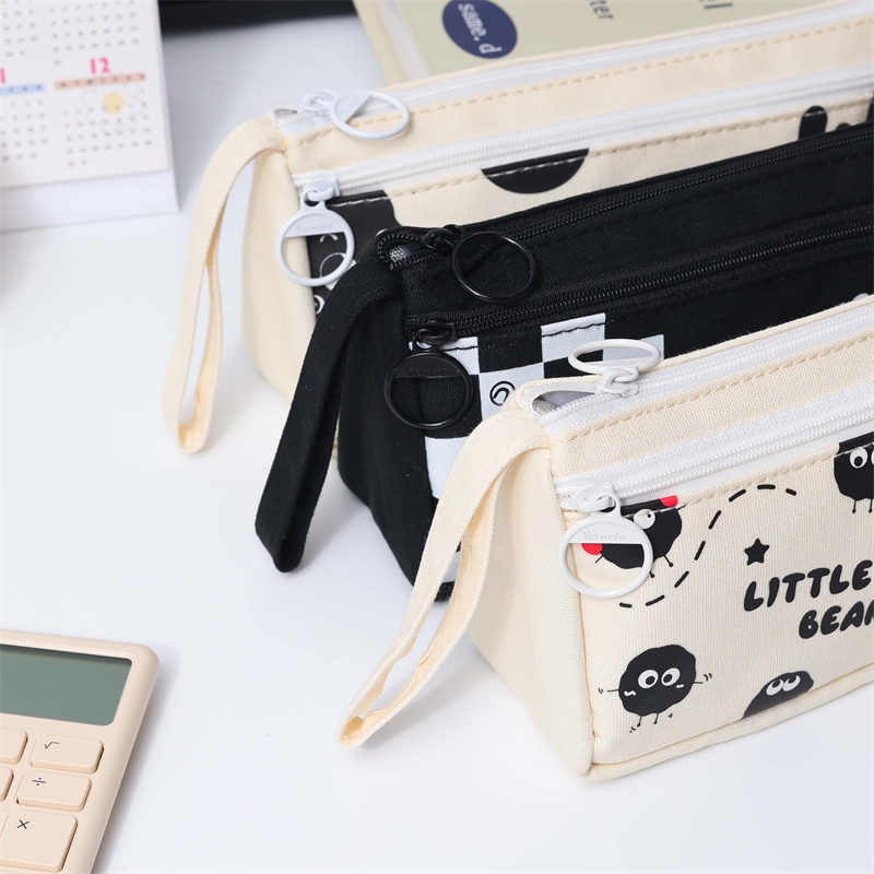 MK-8228 Handheld Pen Bag Double Layer Schoolbag Canvas Pencil Bag Muti-functional Study Stationery Pocket (7)