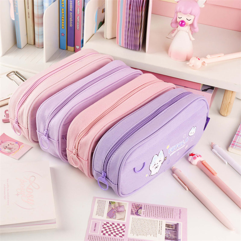 MK-8239 Square Pen Bag Double Pockets Stationery Case Canvas Pencil Bag School Study Bag (6)