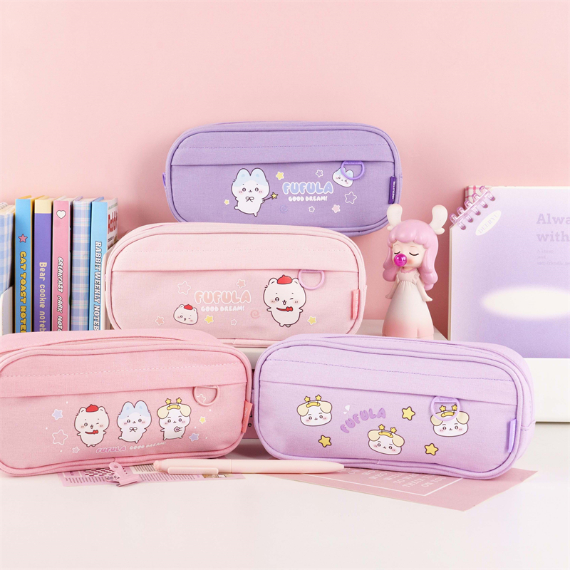 MK-8239 Square Pen Bag Double Pockets Stationery Case Canvas Pencil Bag School Study Bag (7)