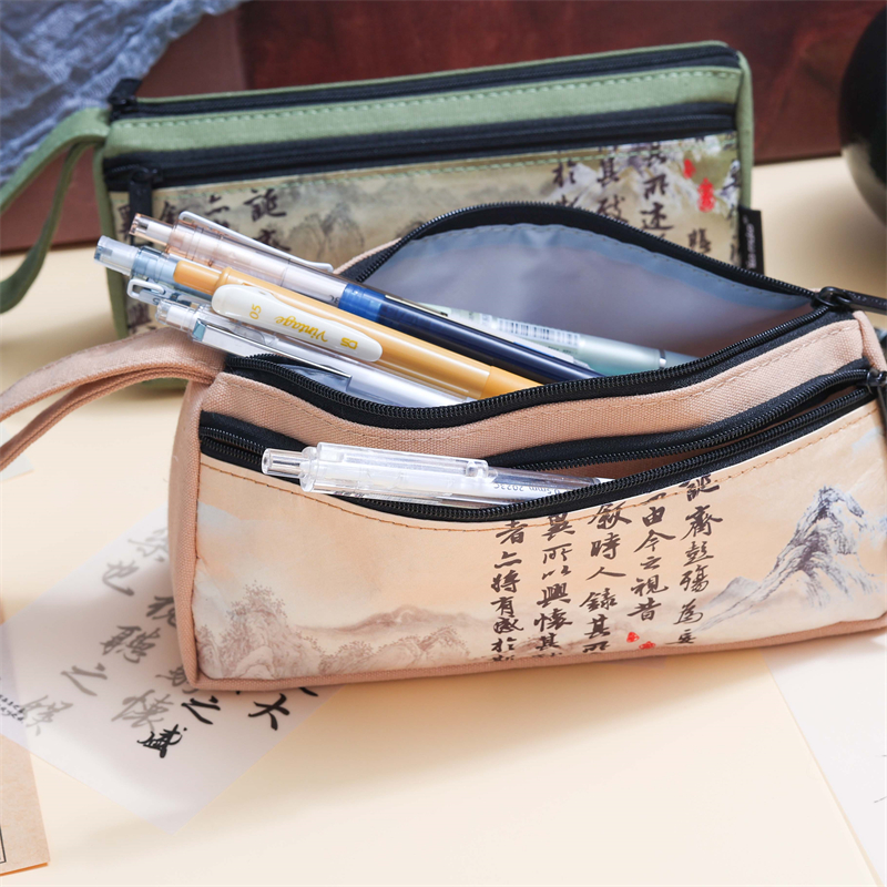 MK-8255 Handheld Pen Bag Double Layer Schoolbag Canvas Pencil Bag Muti-functional Study Stationery Pocket (5)