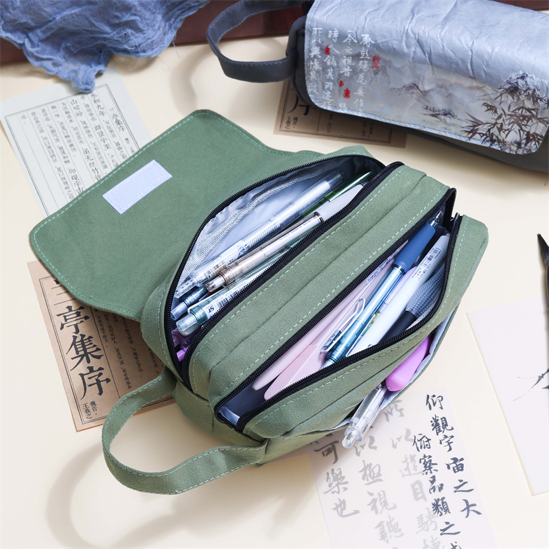 MK-8257 Front Clip Cover Pen Bag Two Zipper Stationery Case Canvas Pencil Bag School Study Bag (9)