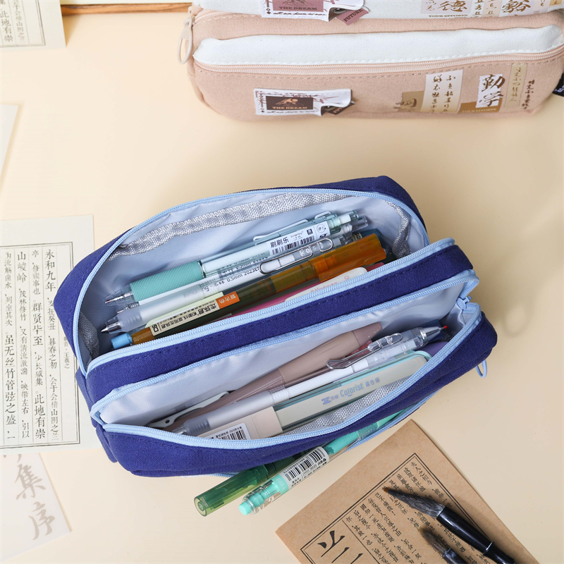 MK-8263 Three Zipper Pen Bag Square Stationery Case Big Capacity Canvas Pencil Bag School Study Bag (6)