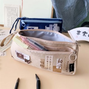 MK-8264 Çenteyê pênûsê yê destan Çenteyê dibistana du qat Çenteyê qelemê Canvas Muti-functional Study Stationery Pocket (5)