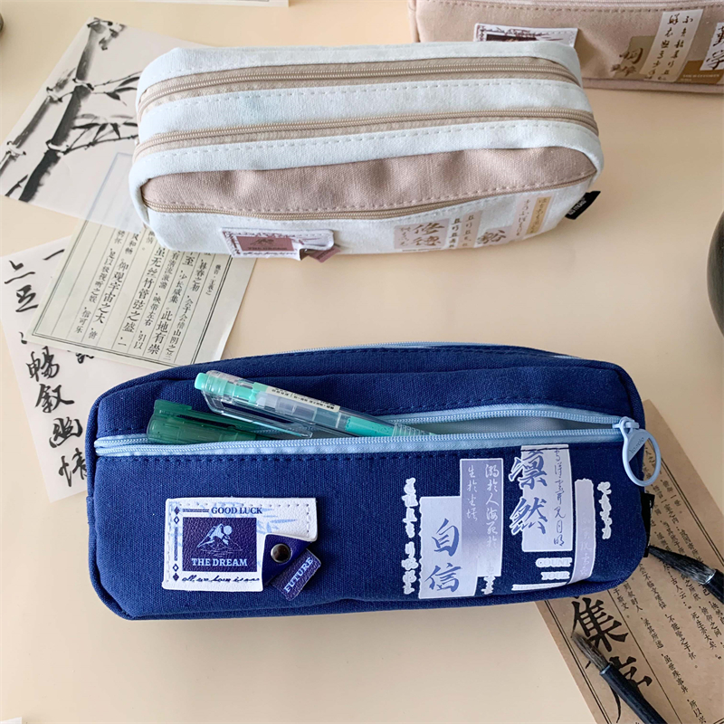 MK-8264 Handheld Pen Bag Double Layer Schoolbag Canvas Pencil Bag Muti-functional Study Stationery Pocket (6)