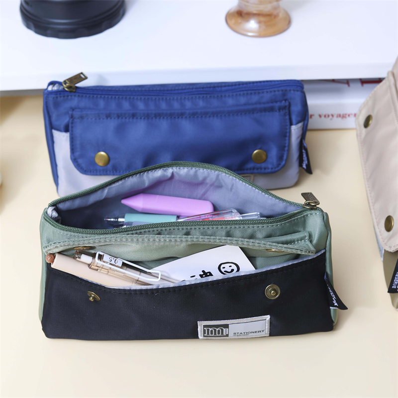 MK-8273 Triangle Canvas Pencil Bag Double Pockets Pen Bag Handheld Multi-functional Stationery Bag (4)