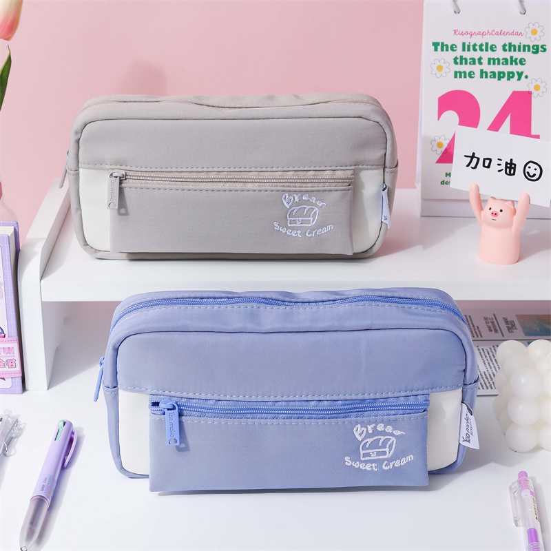 MK-8283 Square Canvas Pencil Bag Big Capacity Pen Bag Handheld Double Pockets Multi-functional Stationery Schoolbag (2)