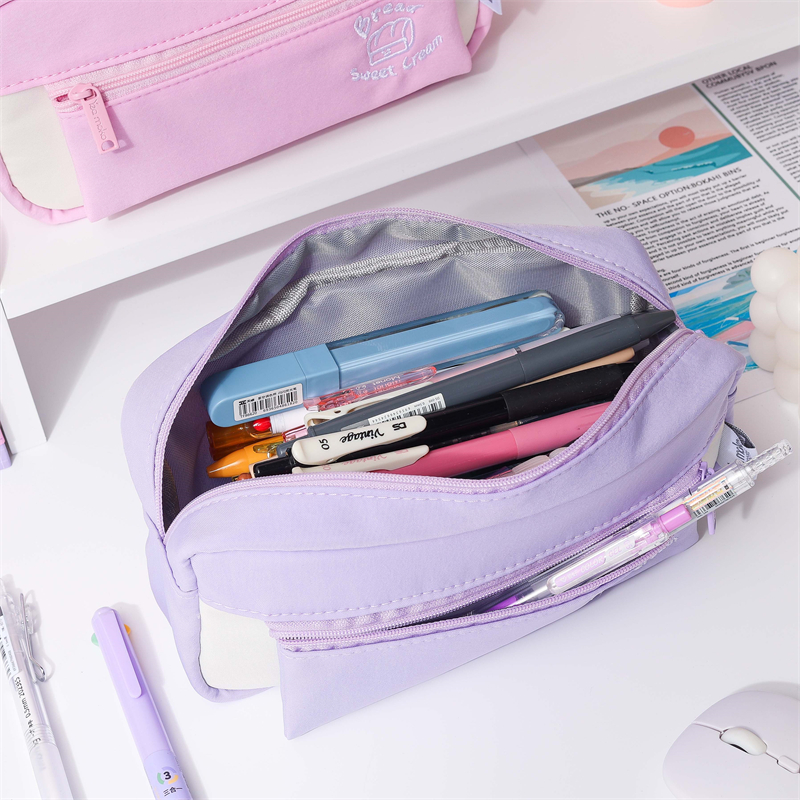 MK-8283 Square Canvas Pencil Bag Big Capacity Pen Bag Handheld Double Pockets Multi-functional Stationery Schoolbag (9)