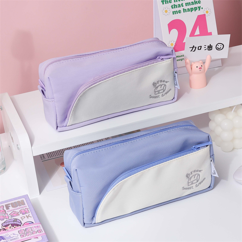 MK-8284 Curved Front Pockets Pen Bag Canvas Stationery Schoolbag Square Pencil Bag Study Bag (5)