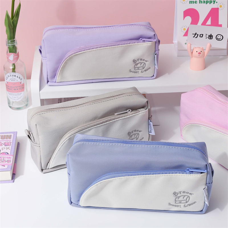 MK-8284 Curved Front Pockets Pen Bag Canvas Stationery Schoolbag Square Pencil Bag Study Bag (7)