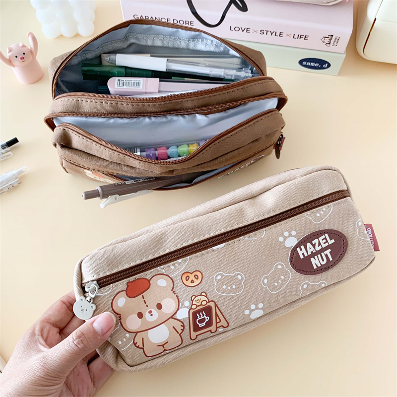 MK-8316 Tulo ka Zipper Pen Bag Square Stationery Case Dako nga Kapasidad Canvas Pencil Bag School Study Bag (1)