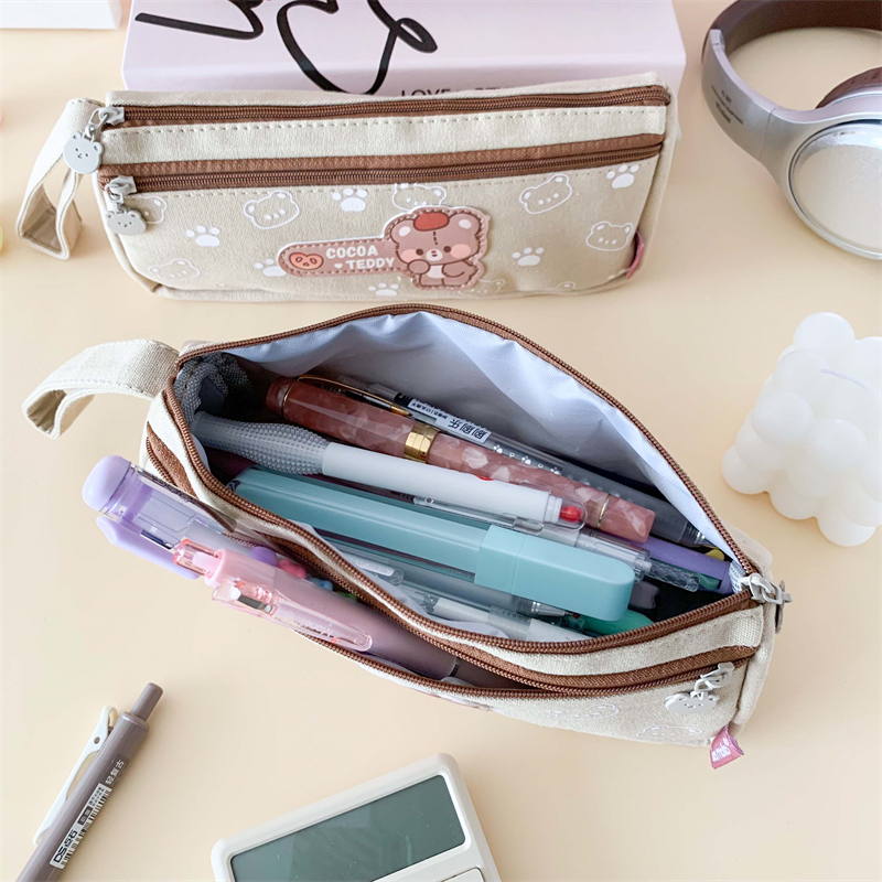 MK-8317 Handheld Pen Bag Double Layer Schoolbag Canvas Pencil Bag Muti-functional Study Pocket (7)