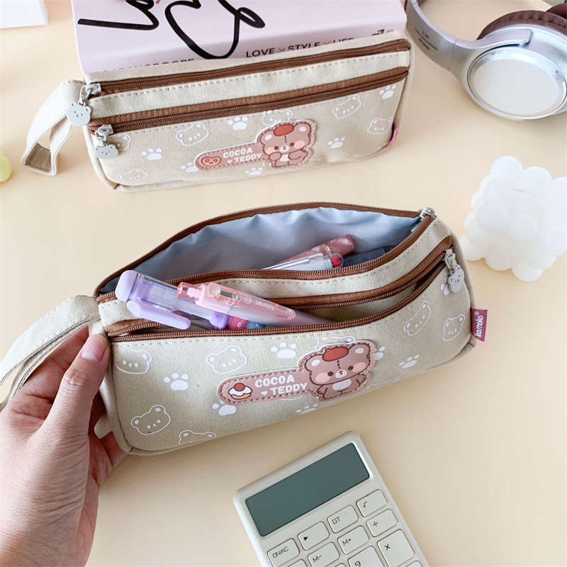 MK-8317 Handheld Pen Bag Double Layer Schoolbag Canvas Pencil Bag Muti-functional Study Stationery Pocket (8)