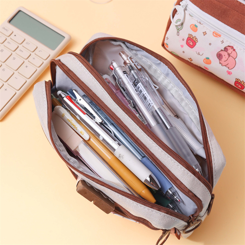 MK-8596 Tatlong Zipper Pen Bag Square Stationery Case Malaking Kapasidad Canvas Pencil Bag School Study Bag (1)