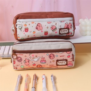 MK-8596 Three Zipper Pen Bag Square Stationery Case Big Capacity Canvas Pencil Bag School Mokotla oa Boithuto (8)