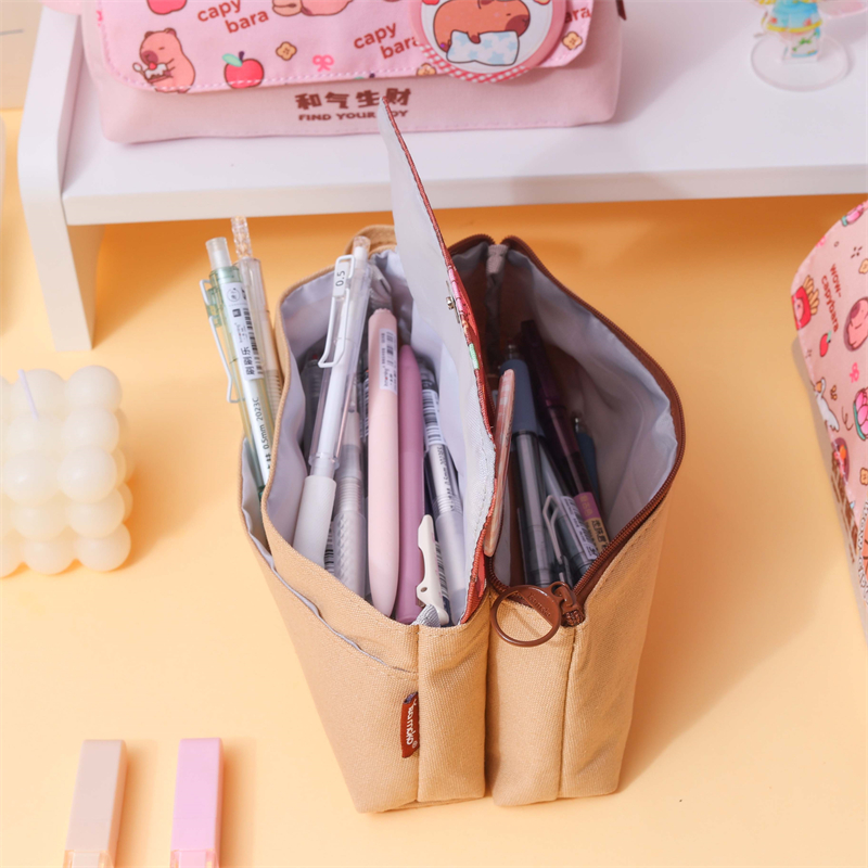 MK-8598 Handheld Flip Cover Pen Bag Double Layer Tas Sekolah Kanvas Tas Pensil Muti-Fungsional Study Stationery Saku (2)