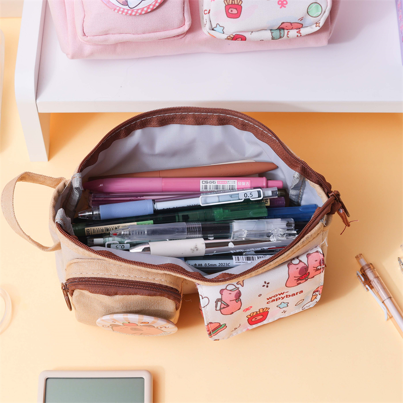 MK-8599 Doble nga Front Pockets Canvas Pencil Bag Dakong Kapasidad Pen Bag Dakong Handheld Multi-functional Stationery Schoolbag (4)