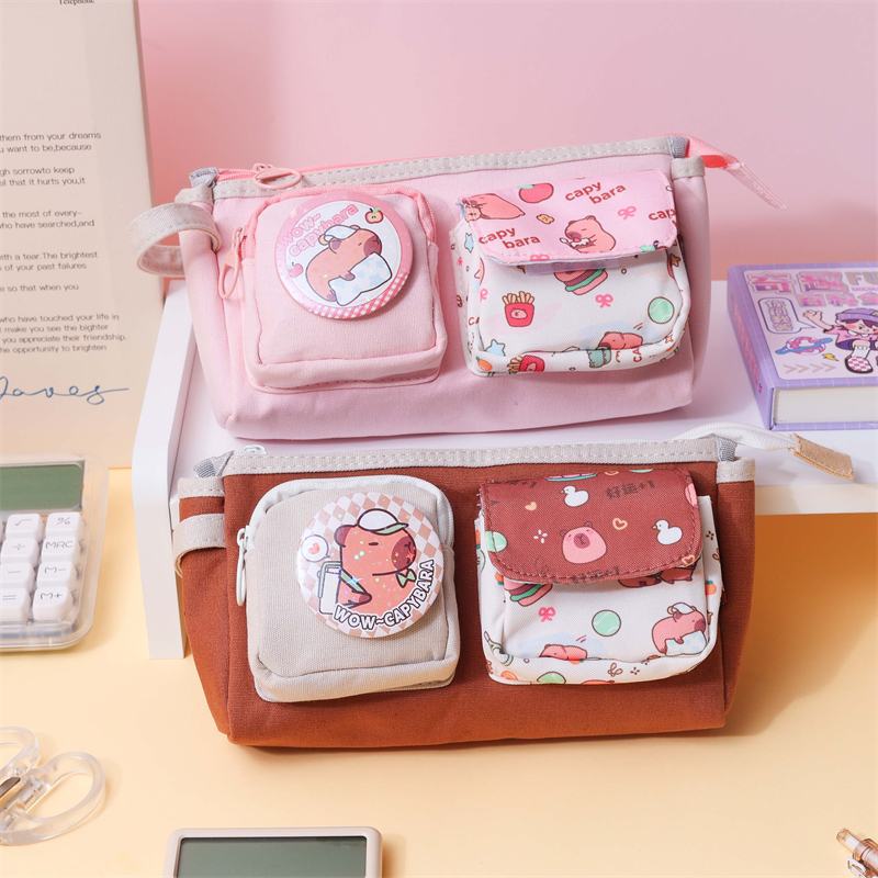 MK-8599 Double Front Pockets Canvas Pencil Bag Big Capacity Pen Bag Large Handheld Multi-functional Stationery Schoolbag (5)